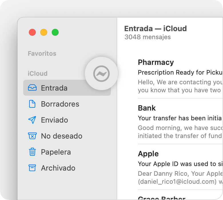 Cuenta de iCloud en la barra lateral de Mail con el icono de un rayo