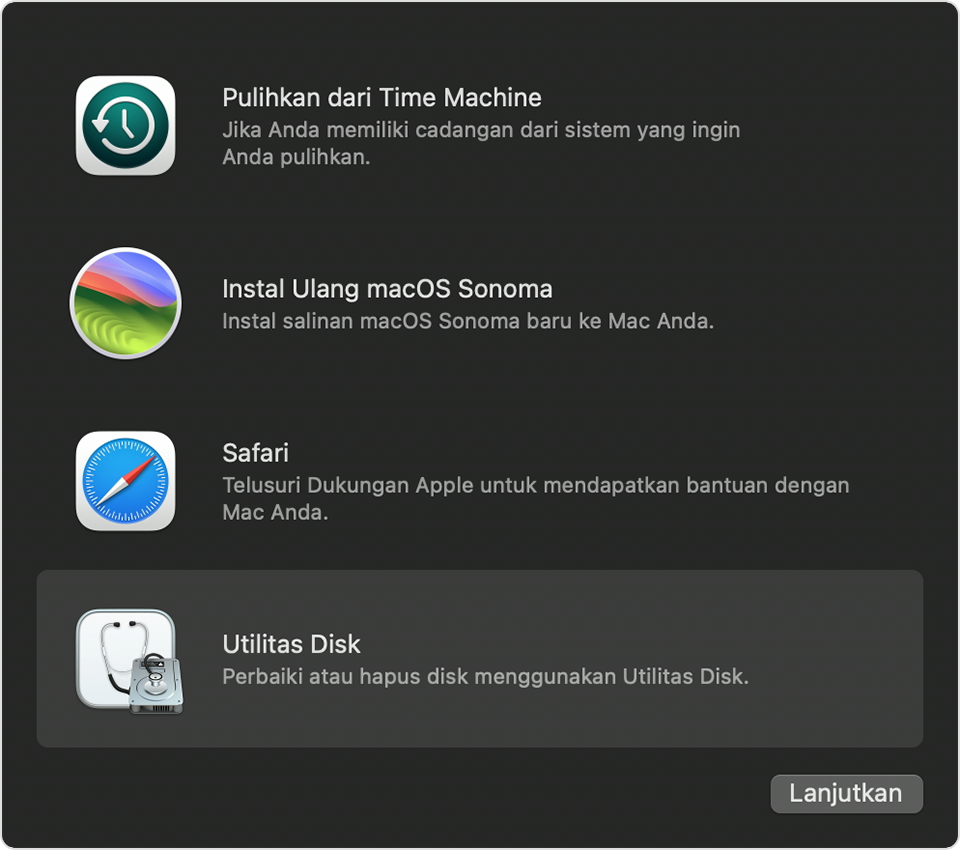 Jendela Utilitas di Pemulihan macOS