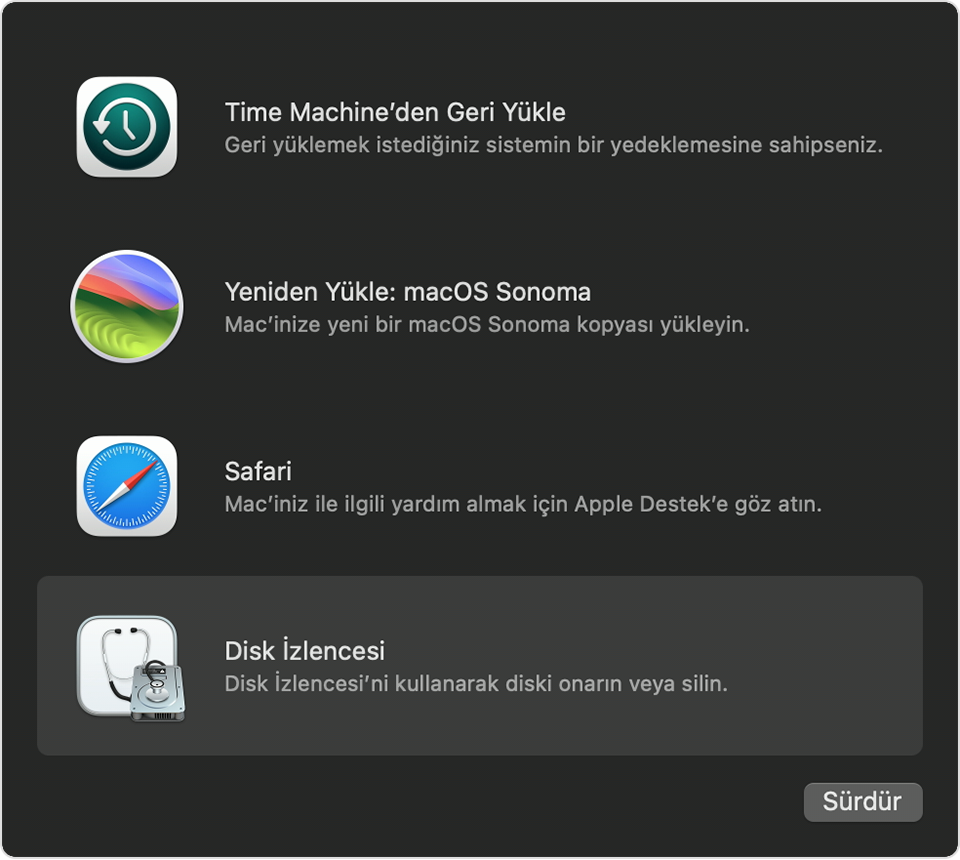 macOS Kurtarma'daki İzlenceler penceresi