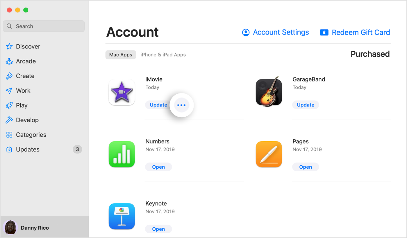 App Store on Mac showing the Account screen, with the More button for an app highlighted