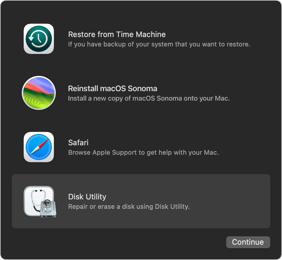 Utilities window in macOS Recovery