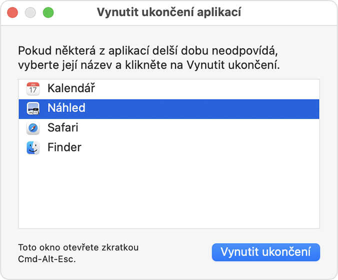 Okno Vynutit ukončení aplikací