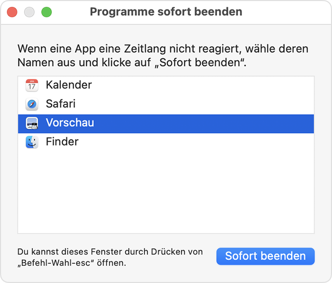 Fenster "Programme sofort beenden"