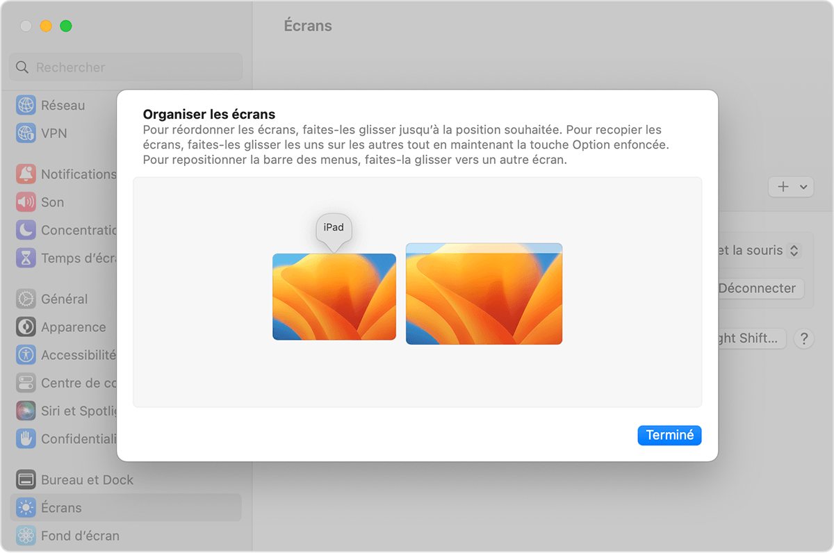 Organiser les écrans dans les réglages Écrans