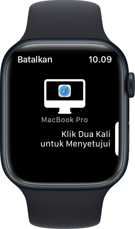 Layar Apple Watch menampilkan pesan agar mengeklik dua kali untuk memberi persetujuan