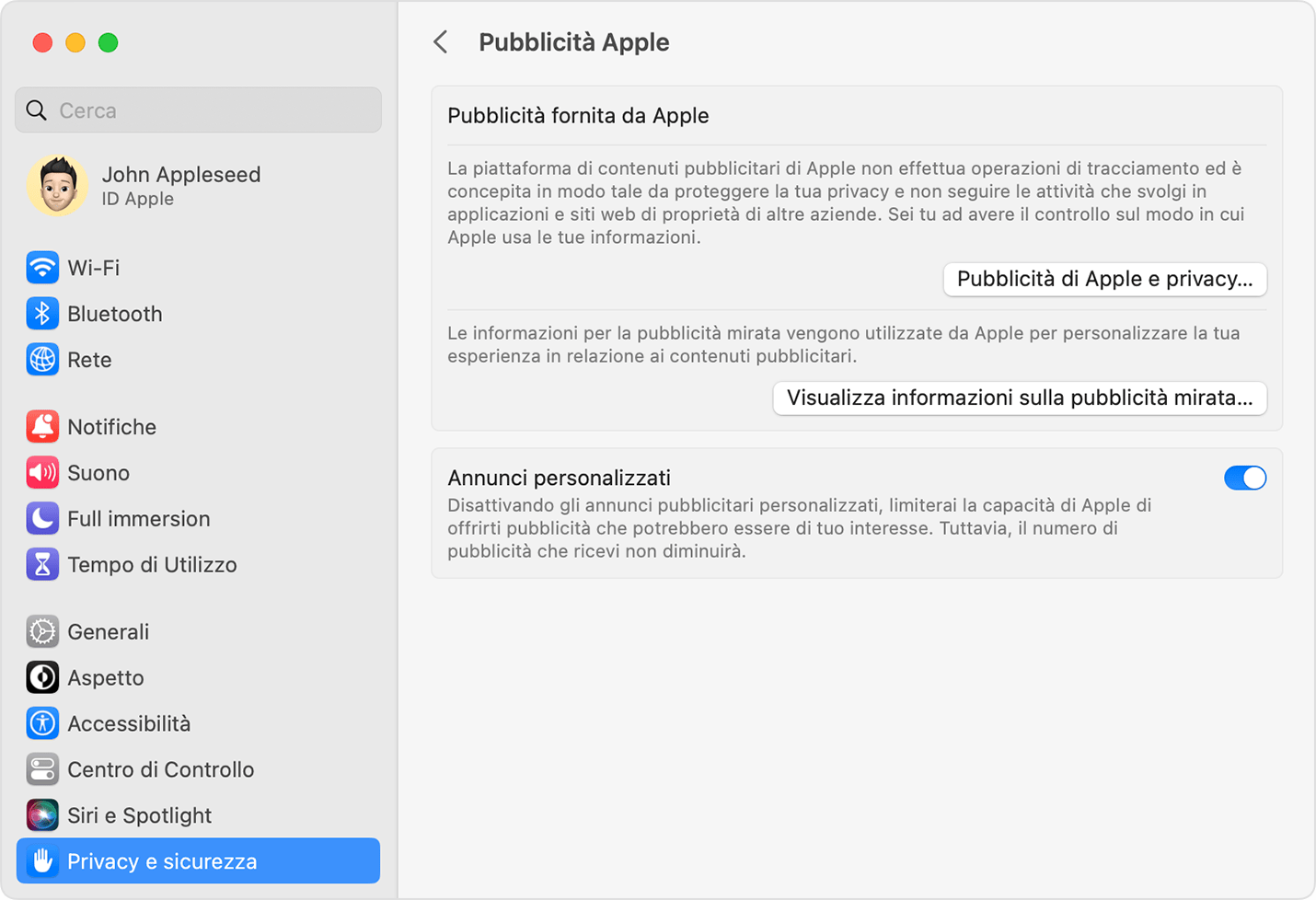 In Impostazioni di Sistema su macOS, disattivare gli annunci personalizzati