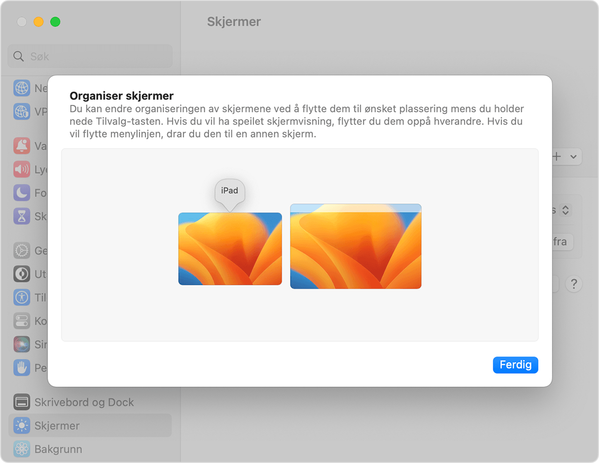 Organiser skjermer i Skjermer-innstillinger