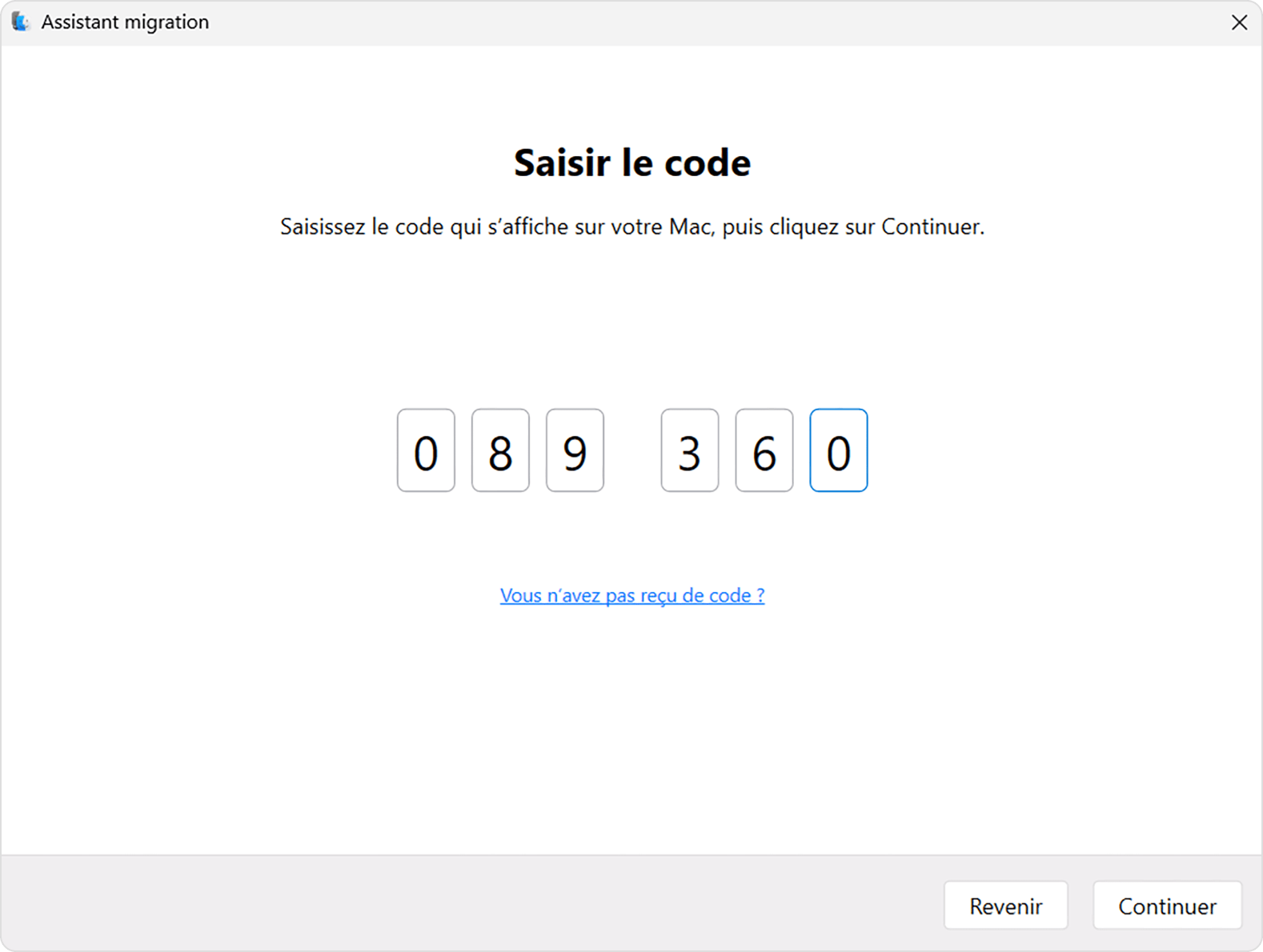 Assistant migration sur PC : saisir le code