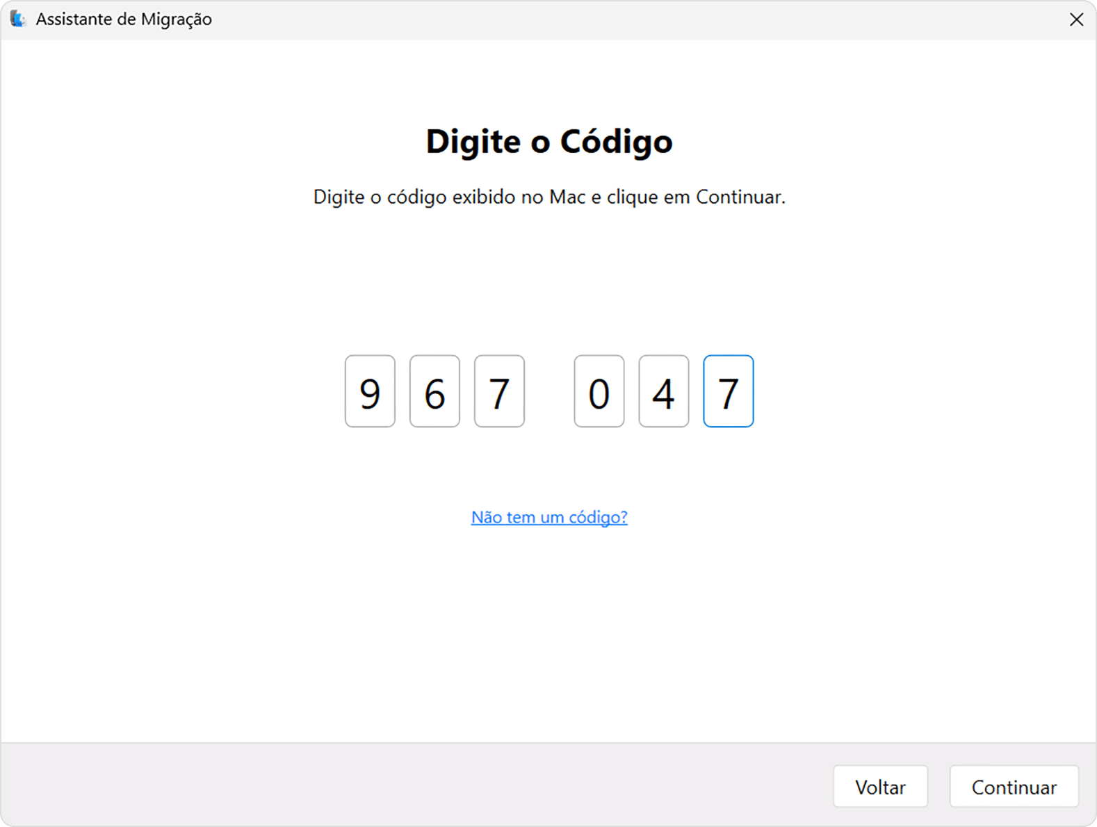 Assistente de Migração no PC: insira o código