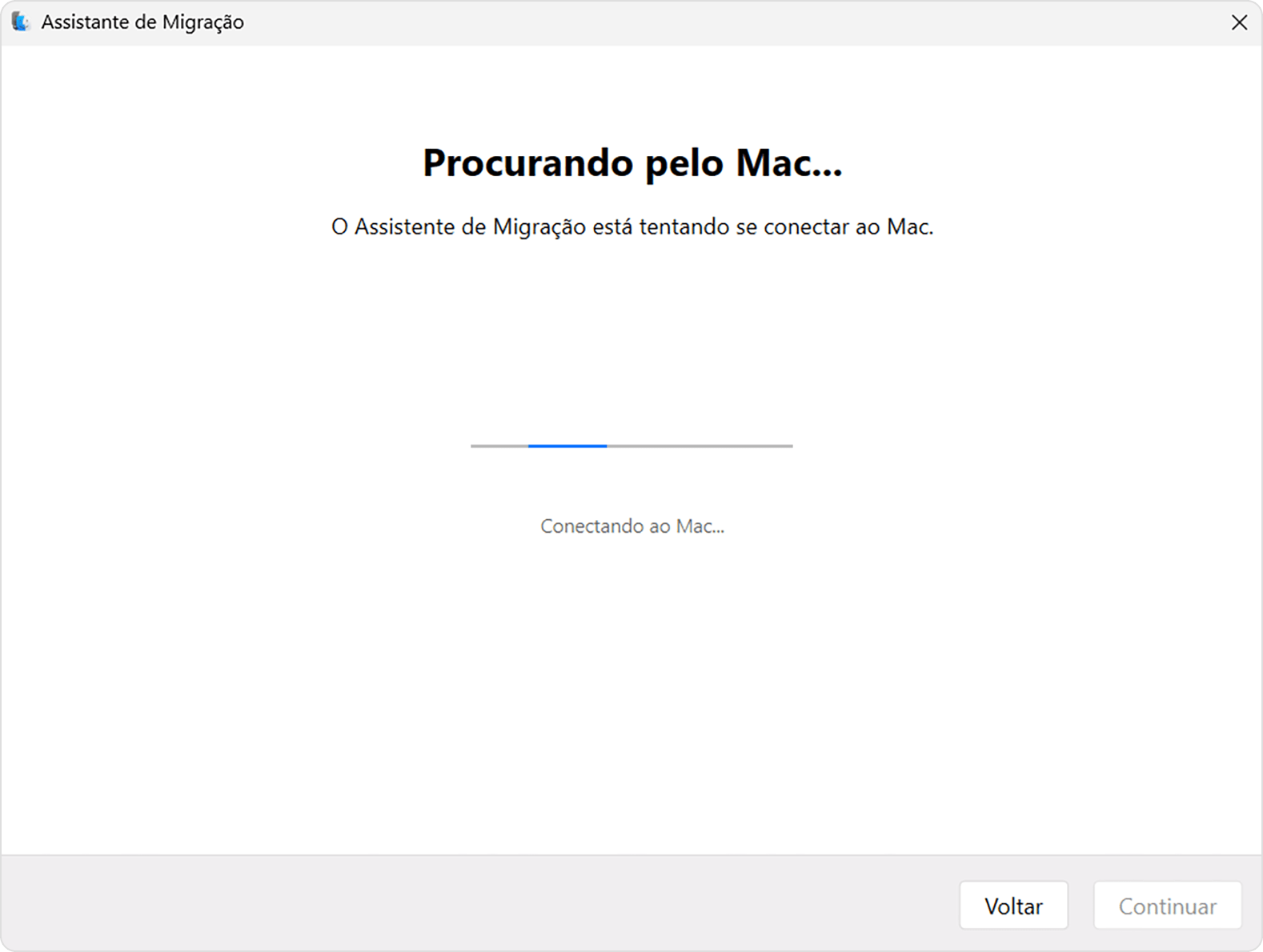 Assistente de Migração no PC: Buscando Mac...