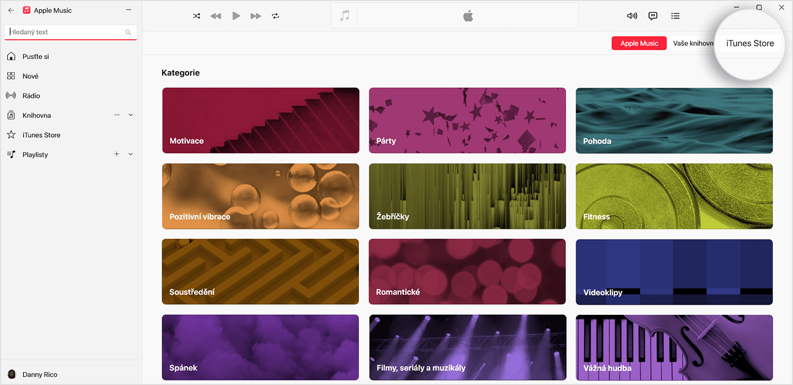 Stránka Procházet kategorie v aplikaci Apple Music pro Windows. V pravém horním rohu je vybraný iTunes Store.