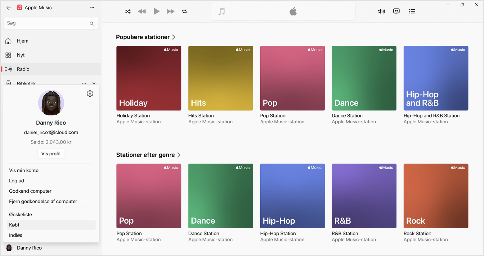 I appen Apple Music til Windows står navnet på Apple-kontoen nederst til venstre, og skærmen for kontoindstillinger vises, når der klikkes på det.