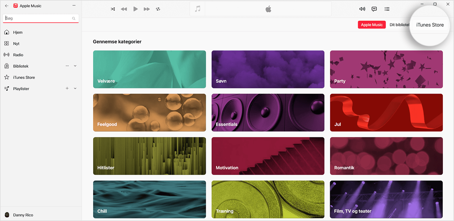 Siden Browse kategorier i appen Apple Music til Windows. iTunes Store er valgt øverst til højre.
