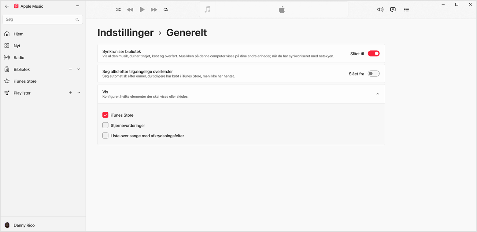 Generelle indstillinger for appen Apple Music til Windows. iTunes Store er valgt.