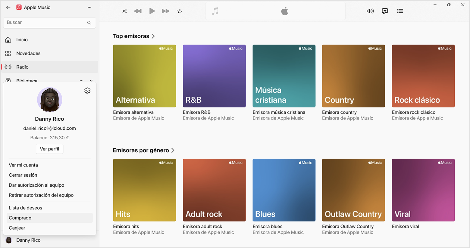 En la app Apple Music para Windows, el nombre de la cuenta de Apple está en la parte inferior izquierda y la pantalla de ajustes de la cuenta se muestra al hacer clic.