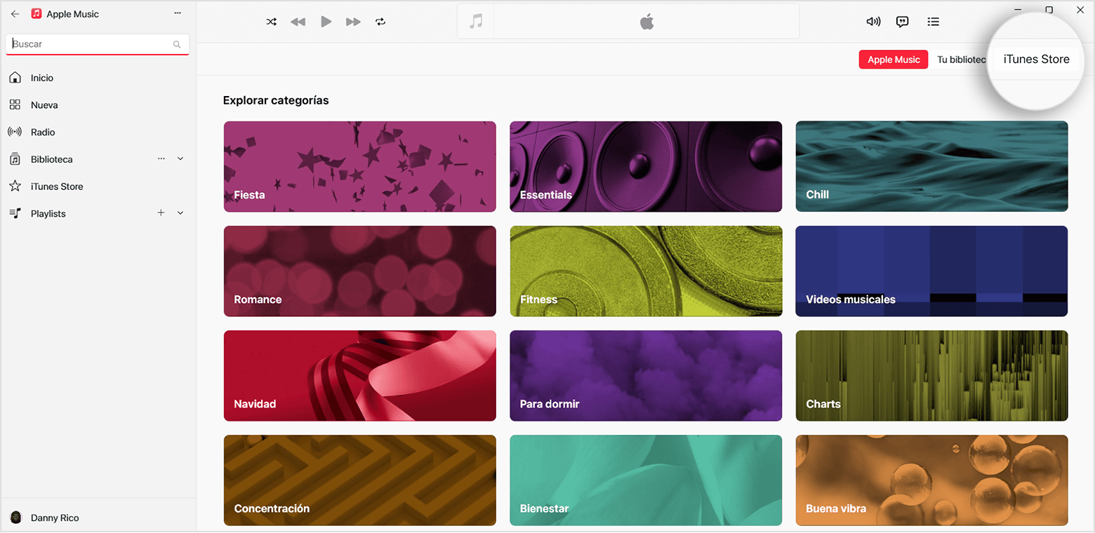 La página Buscar categorías de la app Apple Music para Windows. iTunes Store está seleccionado en la esquina superior derecha.
