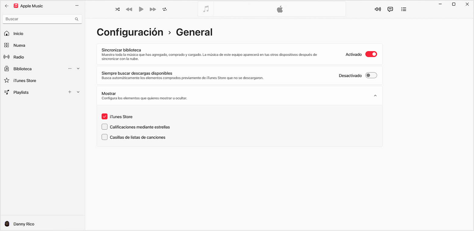 La configuración general de la app Apple Music para Windows. iTunes Store está seleccionado.