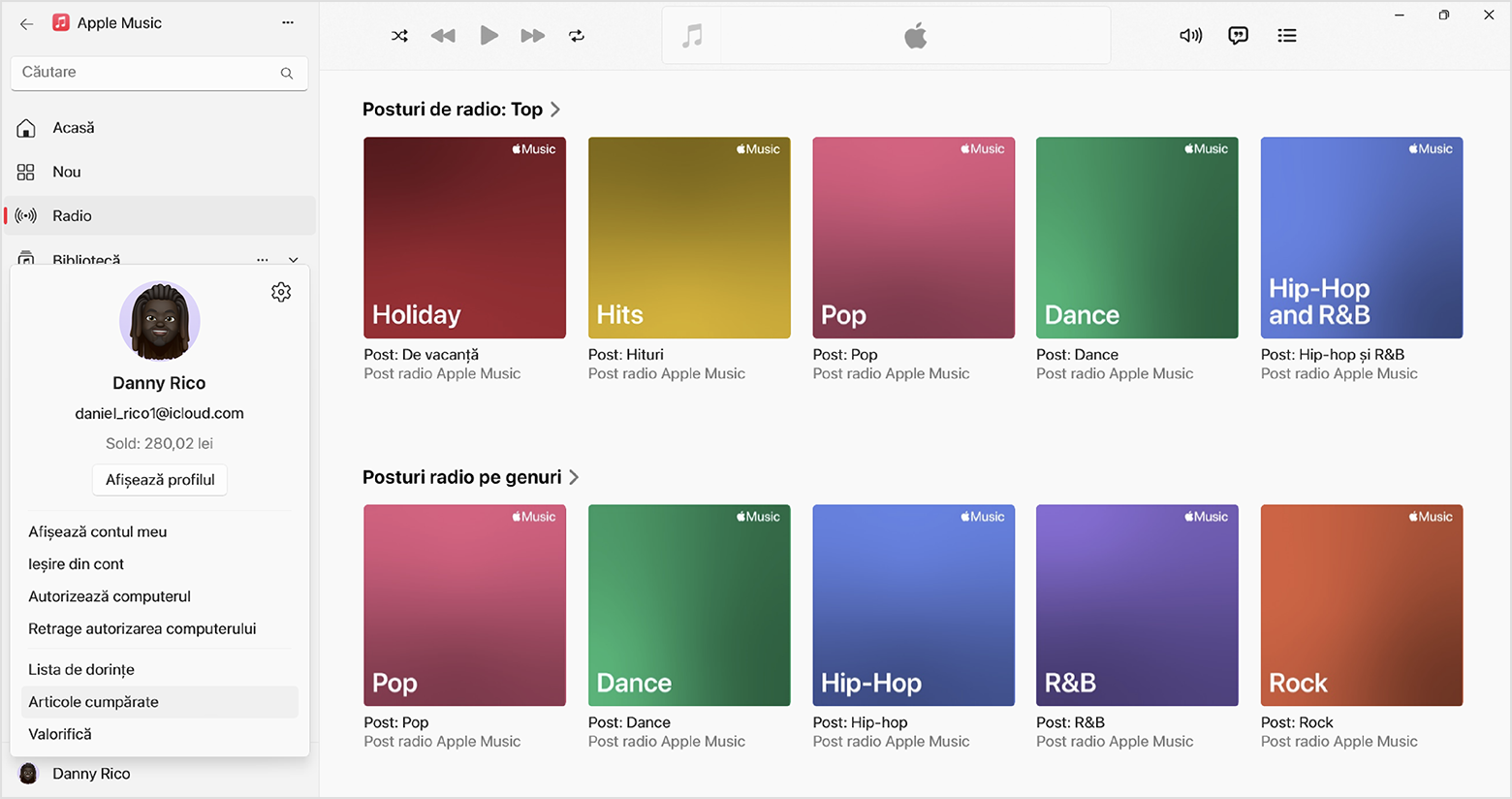 În aplicația Apple Music pentru Windows, numele contului Apple se află în stânga jos, iar ecranul cu configurările contului apare atunci când faci clic pe acesta.