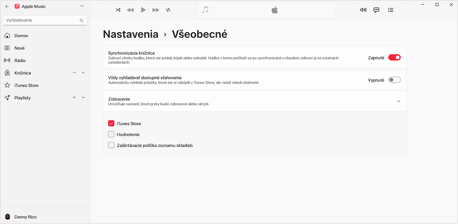 Všeobecné nastavenia apky Apple Music pre Windows. Je vybraná položka iTunes Store.