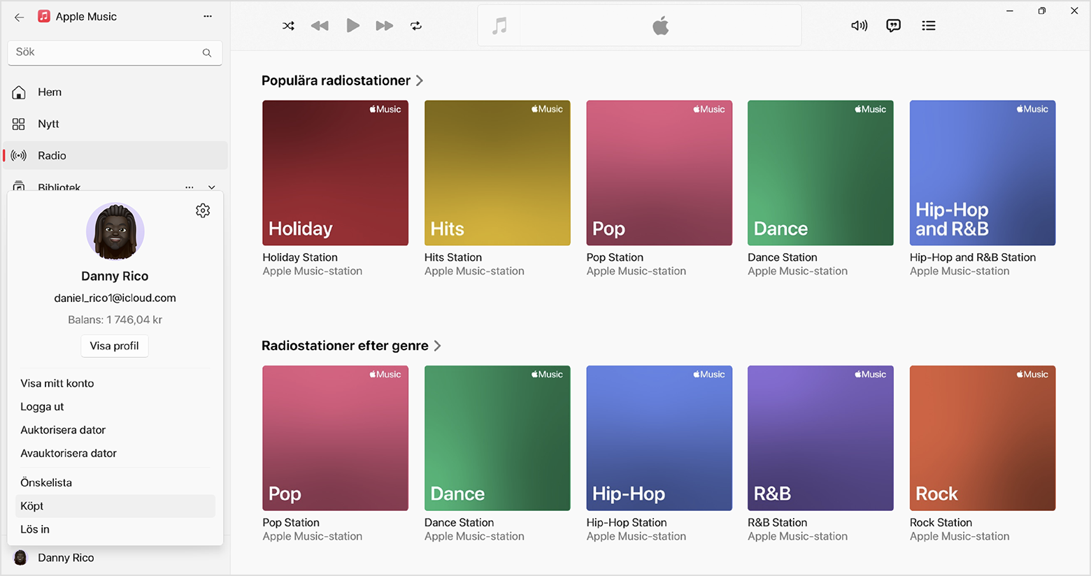 I Apple Music-appen för Windows finns namnet på Apple-kontot längst ned till vänster och skärmen för kontoinställningar visas när du klickar på det.