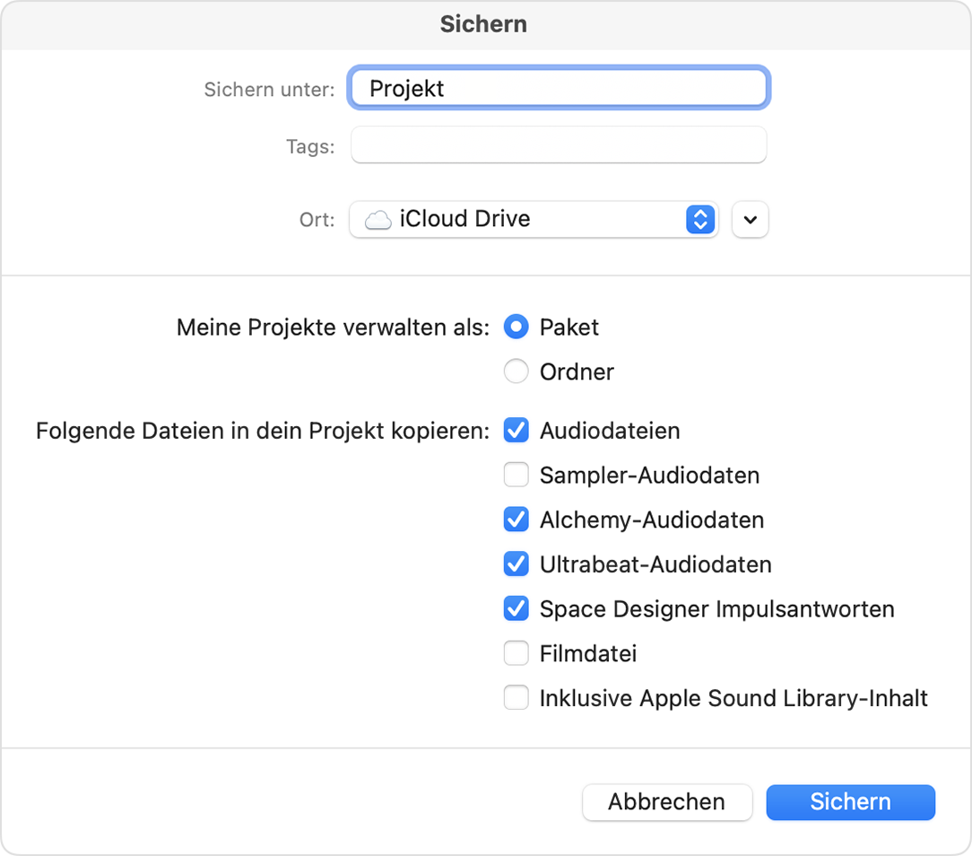 Logic Pro-Dialogfeld "Sichern" mit ausgewählter Option "Paket"