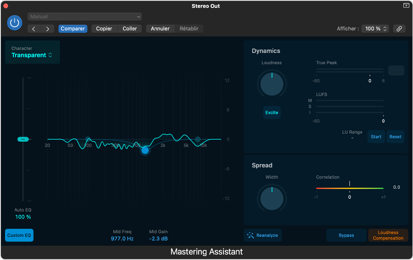 Fenêtre du module d’extension Assistant de masterisation dans laquelle le réglage Custom EQ (Égaliseur personnalisé) est activé.