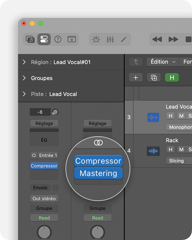 Bouton de masterisation activé dans l’emplacement d’effet audio du canal de sortie stéréo pour activer le module d’extension Assistant de masterisation