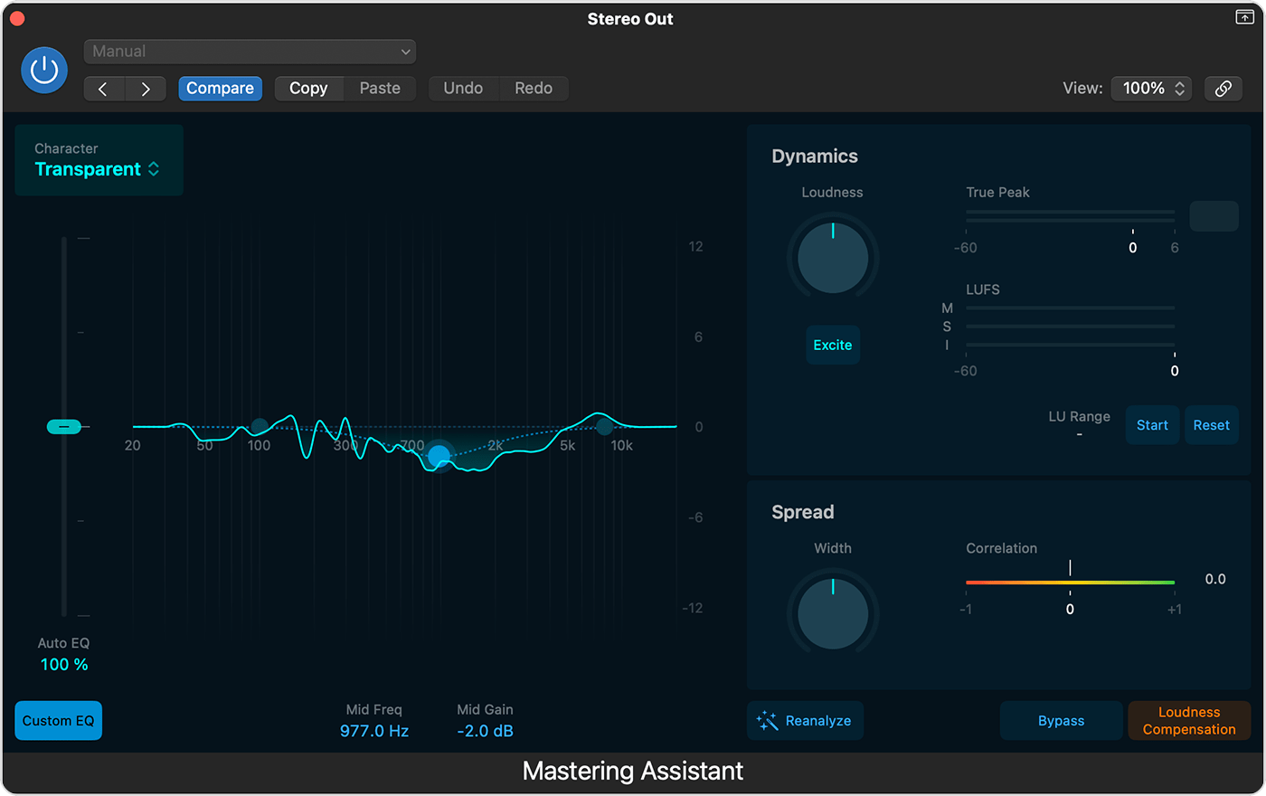 Mastering Assistant plug-in window with Custom EQ turned on.