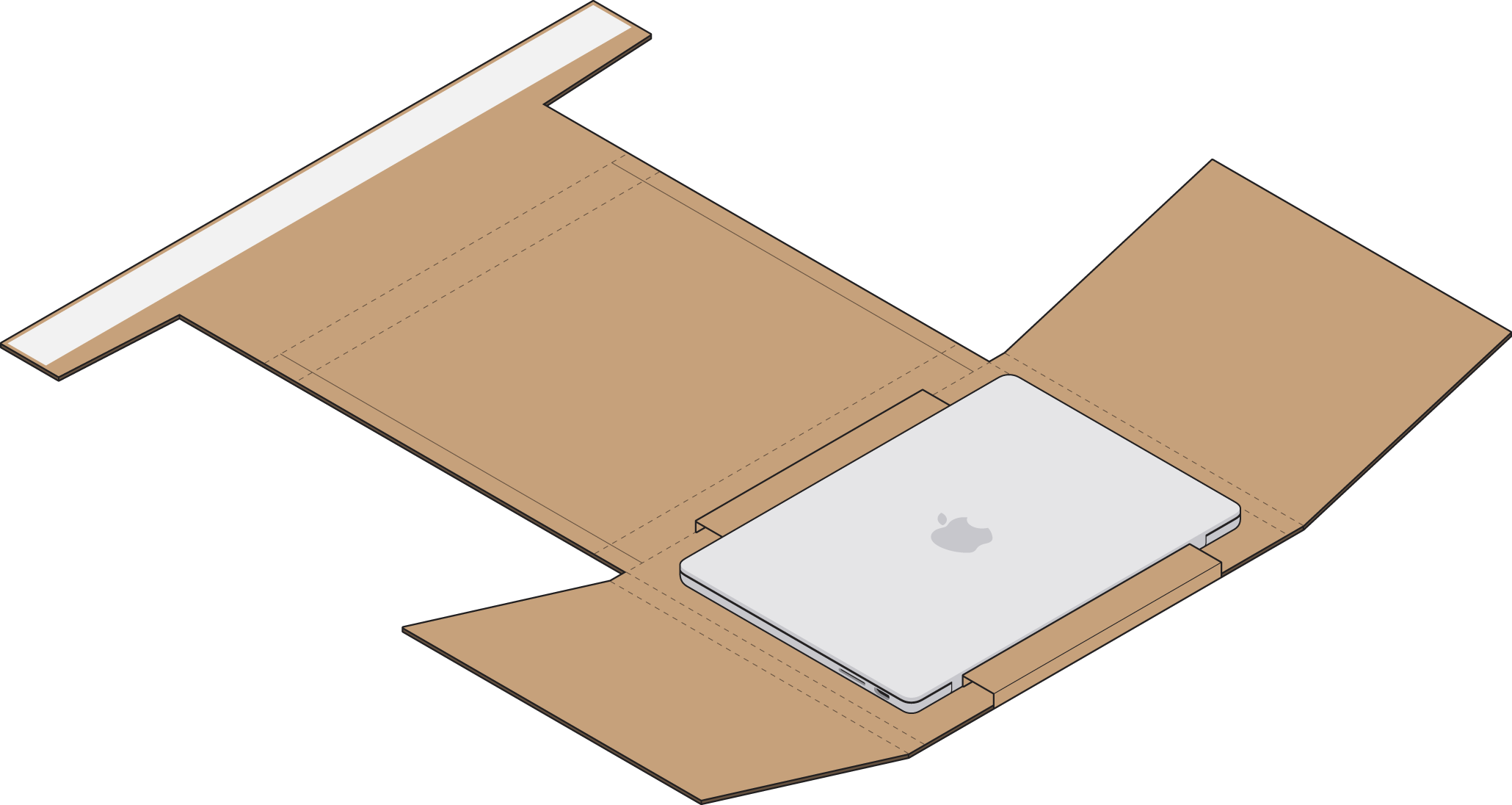 MacBook placed in unfolded cardboard mailer