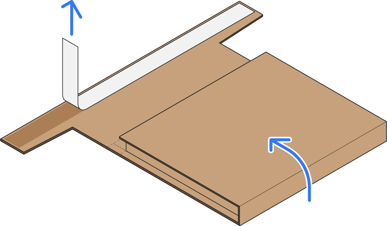 First panel folded to middle panel with arrow indicating direction, and tape cover strip removed