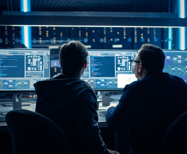 Two men working together in a server room