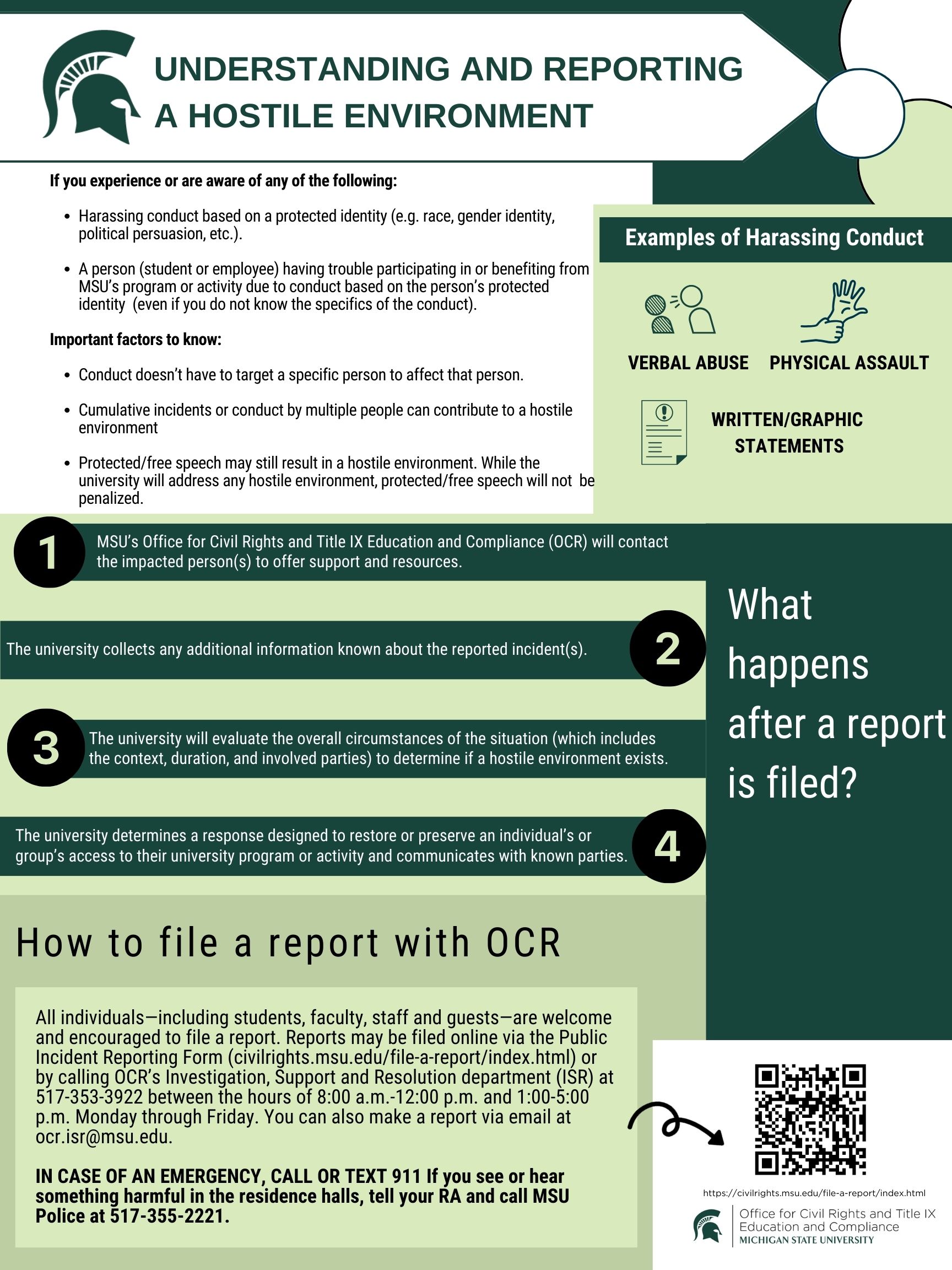 Thumbnail of infographic sharing indicators of a hostile environment and how to file a report