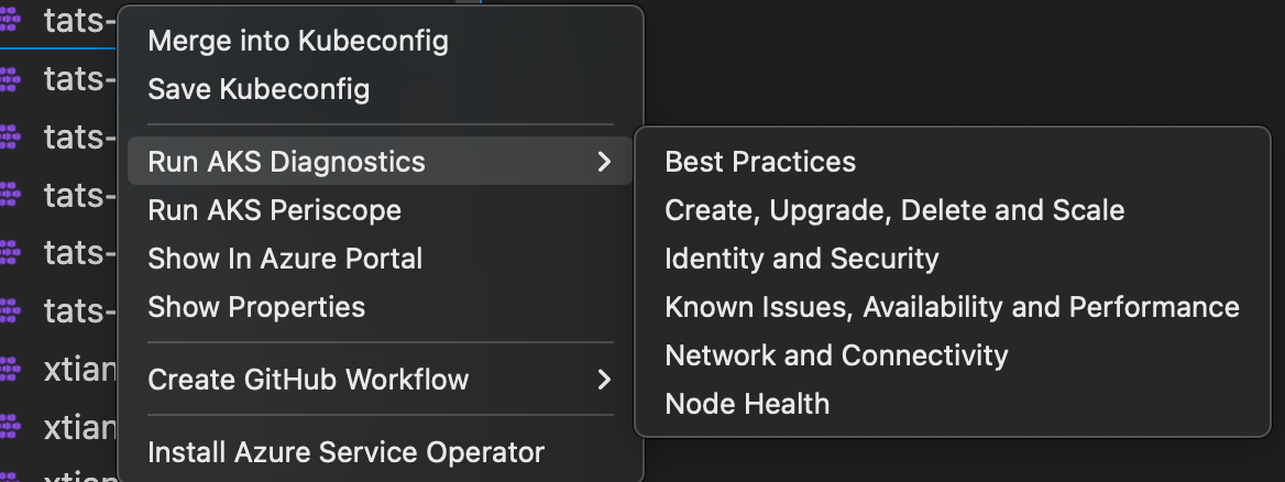 Cloud explorer extension Run AKS Diagnostics menu