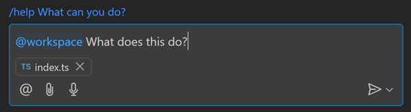 Screenshot of VS Code Copilot Chat view, showing the chat prompt with the attached file context.