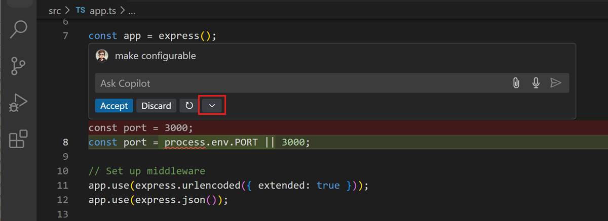 Screenshot of VS Code inline chat, highlighting the 'More Actions' control and diff editor.