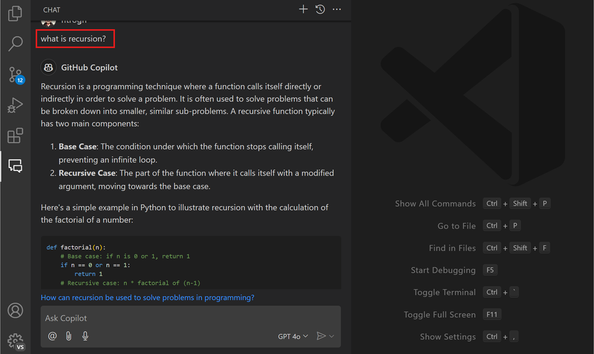 Screenshot of VS Code editor, showing the Copilot Chat view containing the answer to what recursion is. The result contains both text and a code block.