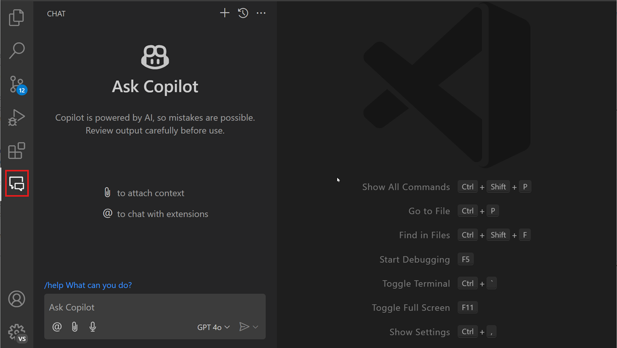 Screenshot of VS Code editor, showing the Copilot Chat view, highlighting the chat control in the Activity Bar.