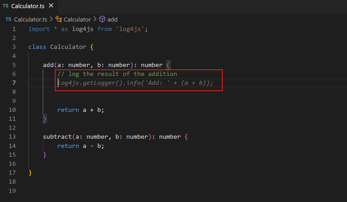 Copilot inline suggestion proposes logging using the imported logging framework.