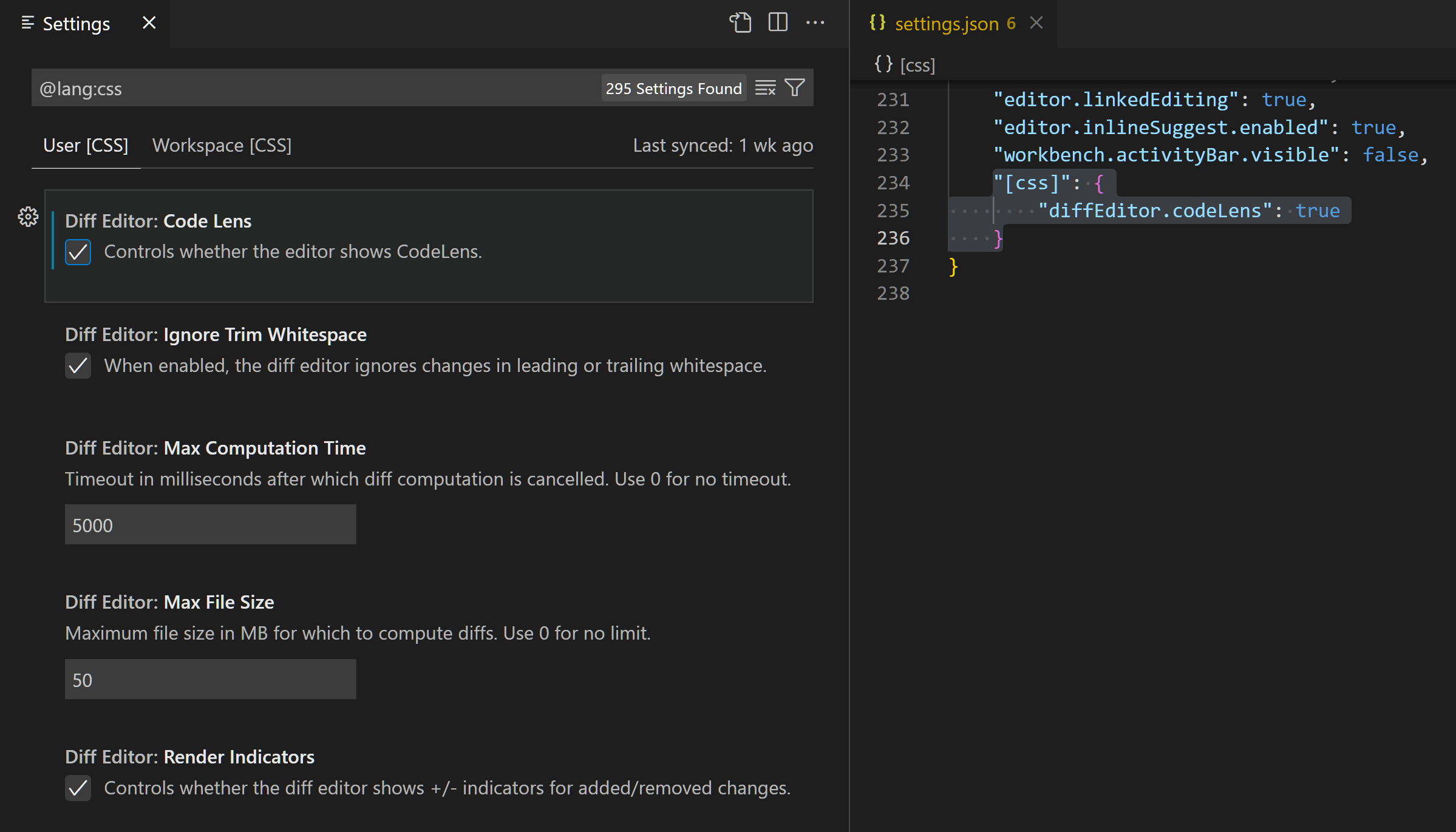 Editing the CSS-specific user-scoped diffEditor.codeLens setting in the Settings editor