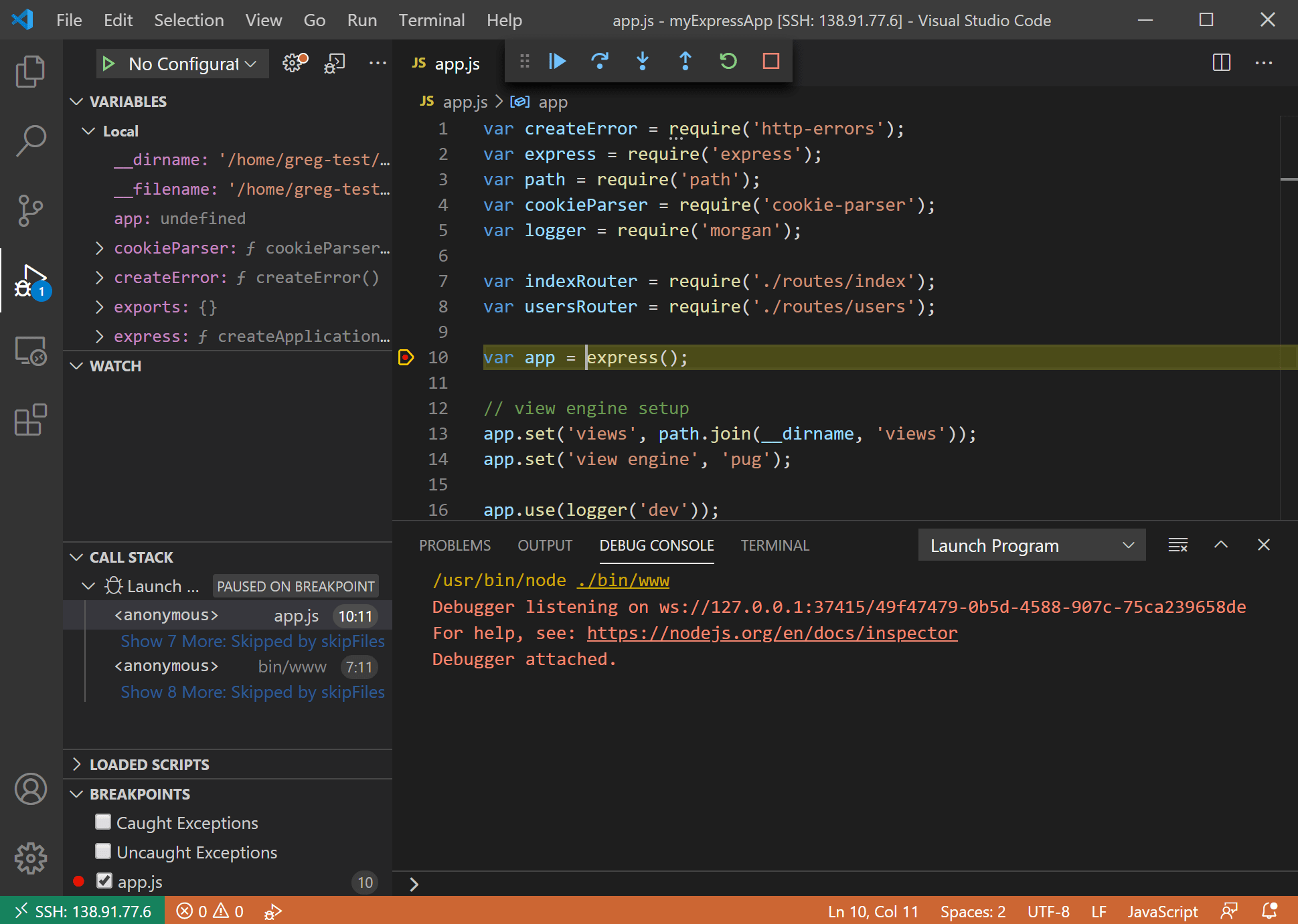 VS Code debug view