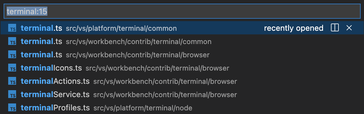 Activating a word link 'terminal:15' will open a Quick Pick searching the workspace for all files containing 'terminal', choosing an option will open the file at line 15