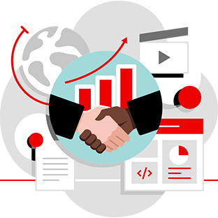 Illustration of hands shaking in front of an increasing bar graph within a circle. The circle sits on top of images of a globe, a video, documents, and software.