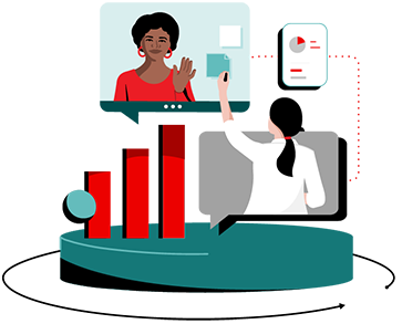 A conglomerate of metaphors for the different partner modules. The illustration is made up of a platform, a graph going up, squared off speech bubbles with a person in each one and a gui