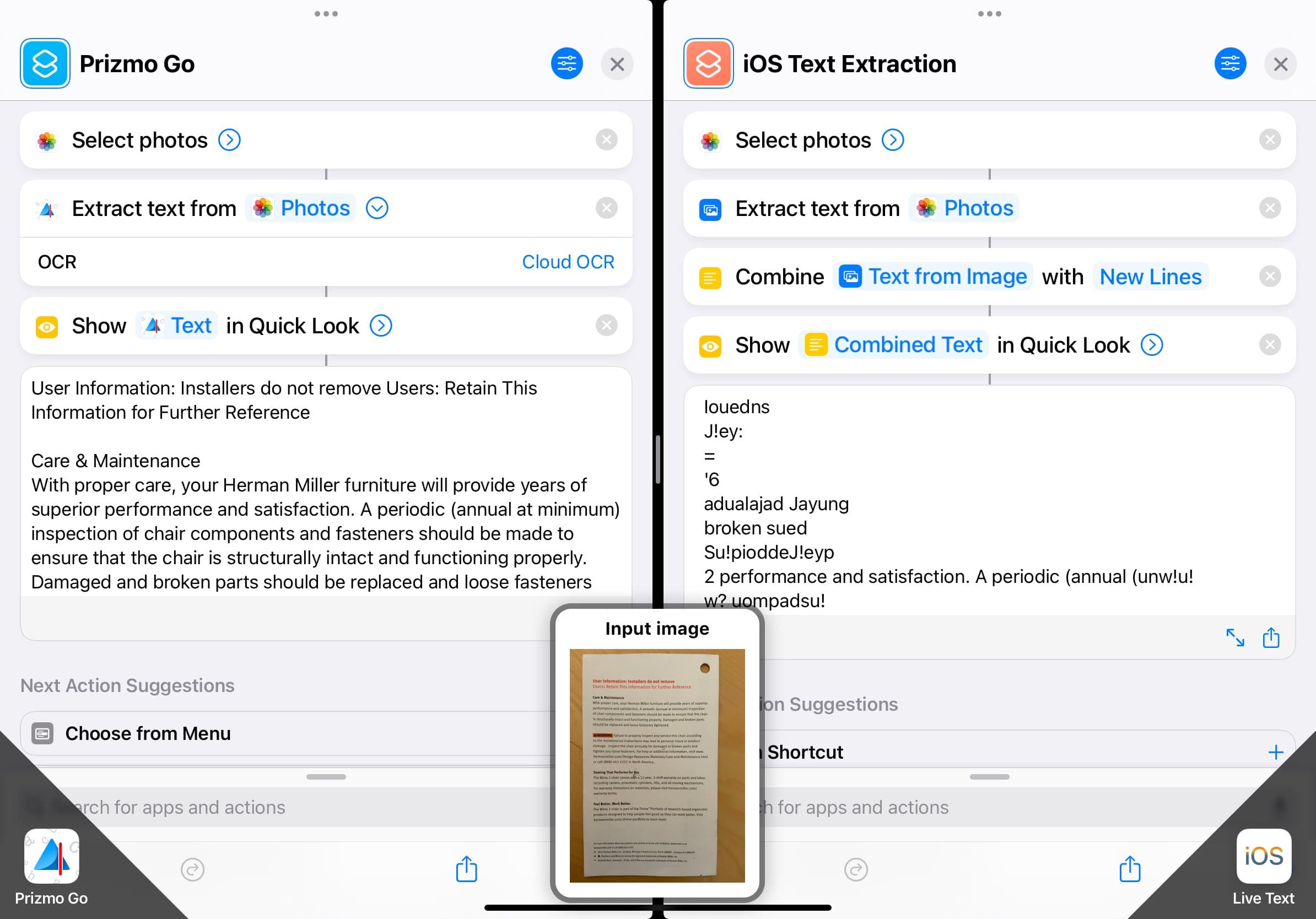 Prizmo Go integration in Shortcuts to automate text extraction