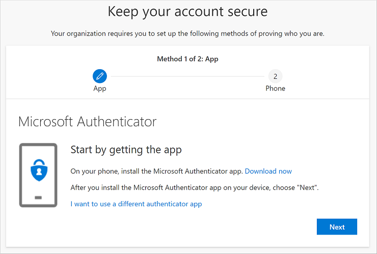 Asistente Mantener la cuenta segura, que muestra la página de descarga de la aplicación Authenticator