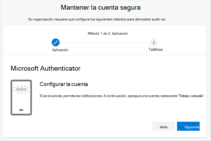 El Asistente para mantener la cuenta segura, que muestra la página de configuración de una cuenta de la aplicación de autenticación