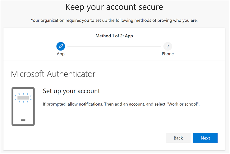 Keep your account secure wizard, showing the authenticator Set up your account page