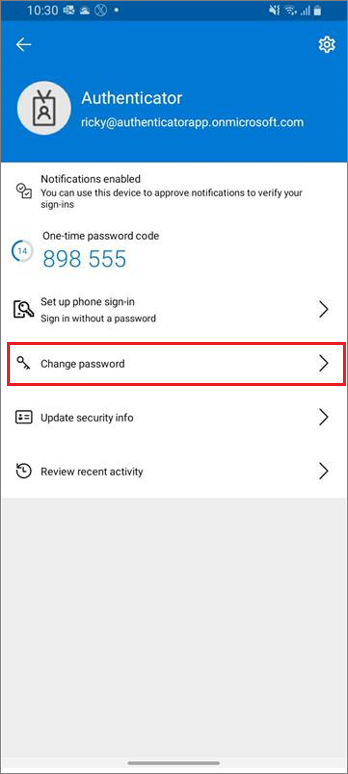 Work or school account home page, showing highlighted Change password link