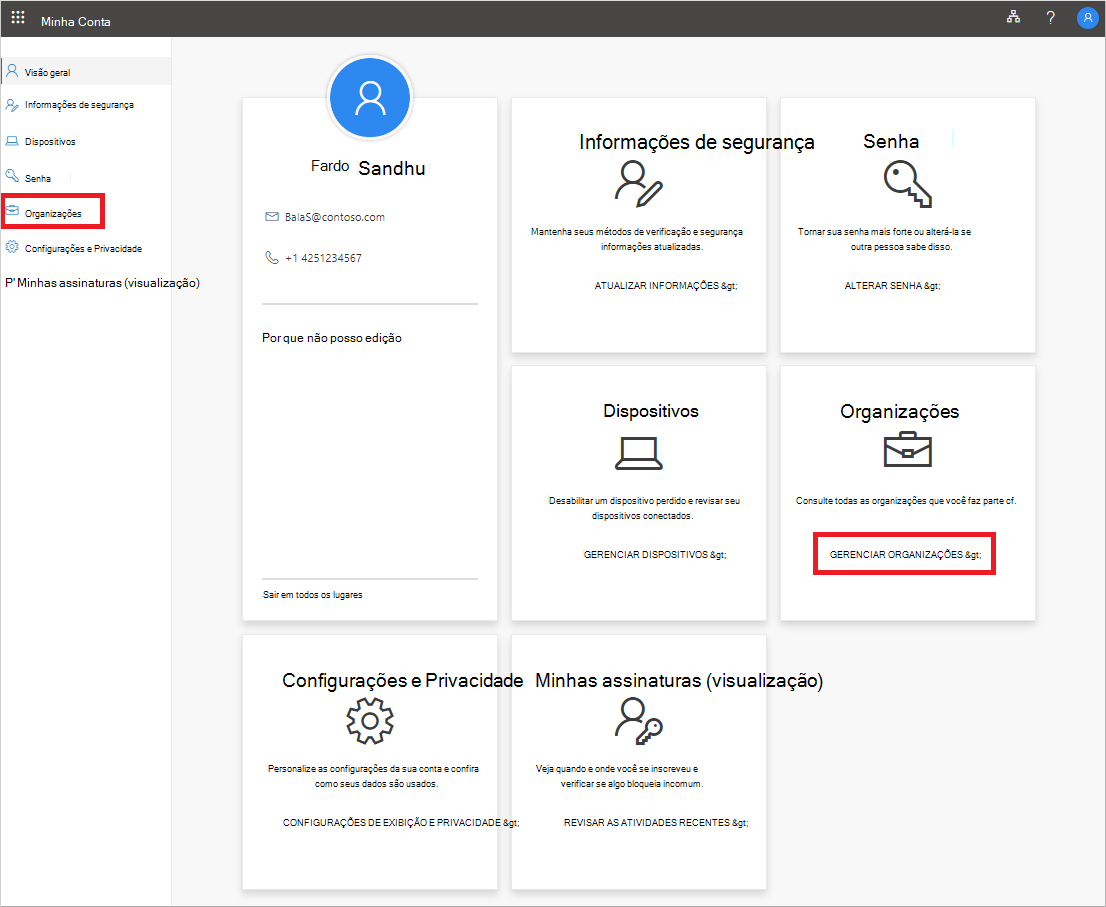 Página Minha Conta, mostrando links de Organizações realçados