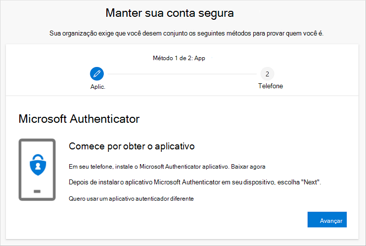 Manter o assistente seguro da conta, mostrando a página de download do aplicativo Authenticator